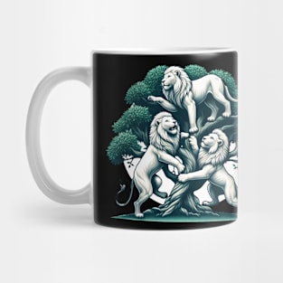 Three white lions climb a tree Mug